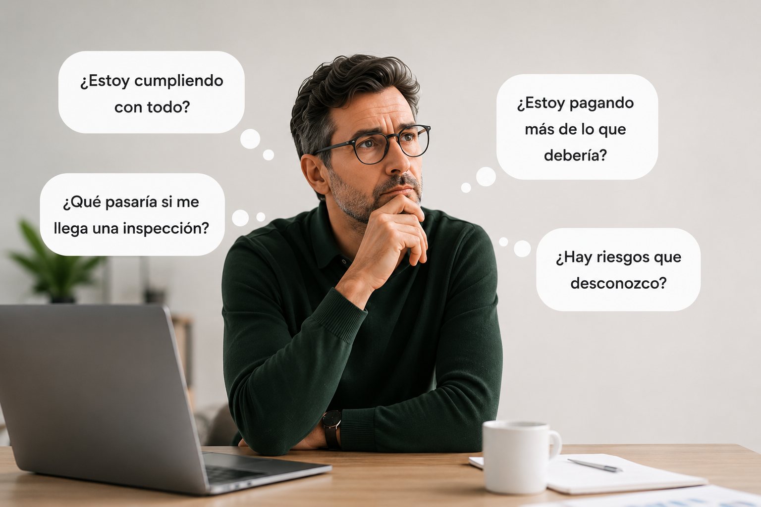 Empresario preguntándose si cumple con todo, si paga más de lo que debería, qué pasaría ante una inspección y si hay riesgos que desconoce