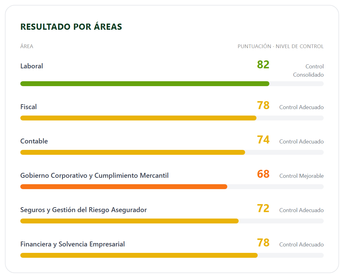Resultado por áreas, componente del informe Check Up 360 con datos de ejemplo